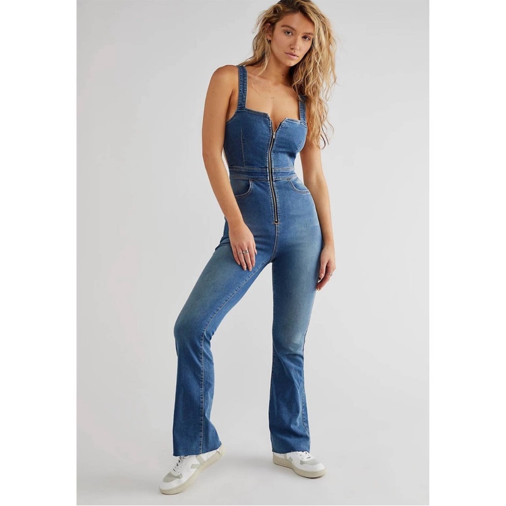 Free People Denim Zip-Front Jumpsuit in Blue - Picture 2 of 11